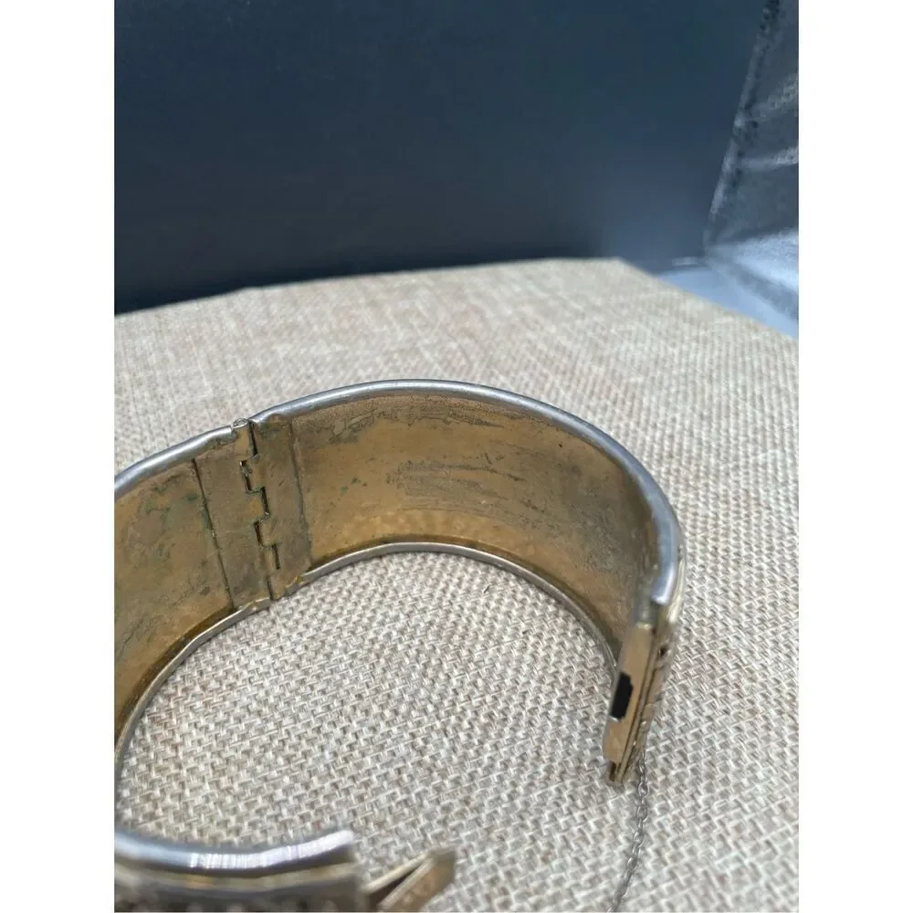 Vintage Silver Tone Wide Cuff Bangle Bracelet Scrolled Fancy Safety Chain